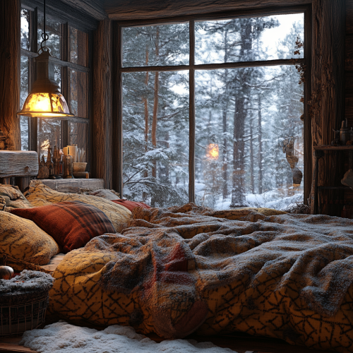 Cozy bedroom in snowy forest cabin