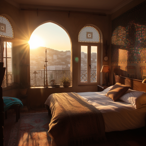 Cozy bedroom with coastal city view in Mediterranean light.