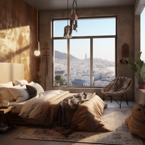 Cozy bedroom with panoramic view of Mediterranean city