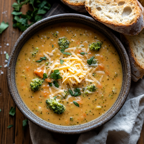 Cozy bowl of broccoli cheddar soup with bread