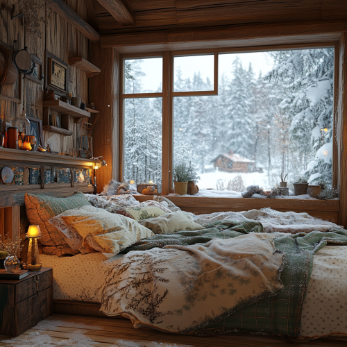 Cozy cabin bedroom with snow view outside Cozy cabin bedroom with snow view outside
