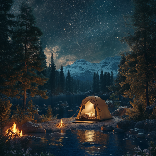 Cozy camping tent with electric mat and campfire
