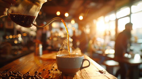 Cozy coffee shop, artisanal decor, creamy coffee pouring.
