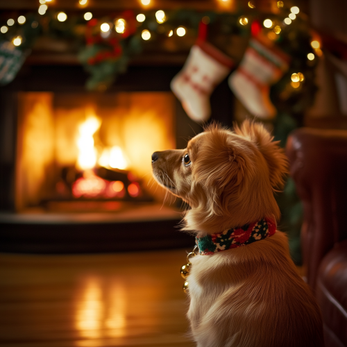 Cozy holiday scene with cat near fireplace.