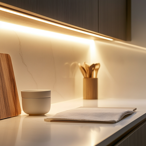 Cozy kitchen scene with white wall and wooden rack.