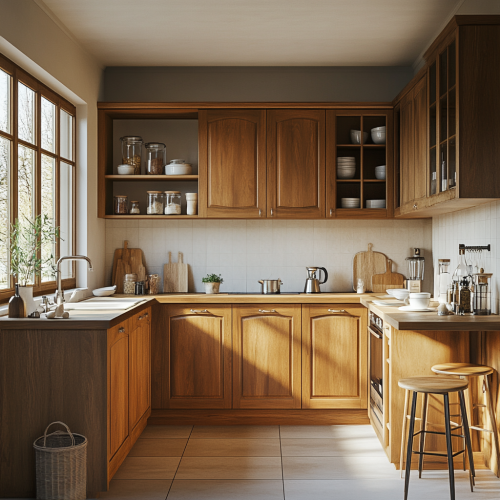 Cozy kitchen with wooden cabinets and breakfast nook