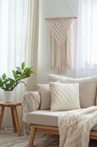 Cozy living room with beige sofa and plants