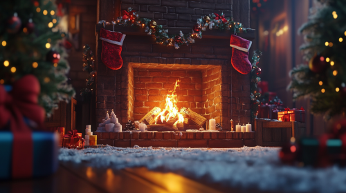 Cozy living room with fireplace and Christmas decorations Cozy living room with fireplace and Christmas decorations