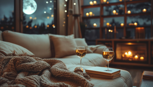 Cozy modern skyscraper apartment with fireplace and books