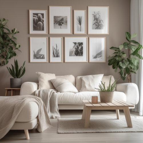 Cozy room with Nordic furniture, blank frames above sofa