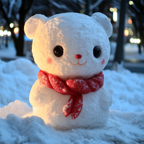 Cozy snow bear with red scarf in winter landscape