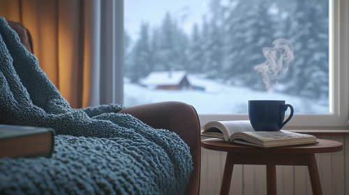 Cozy winter scene: armchair, blanket, tea, book, snow
