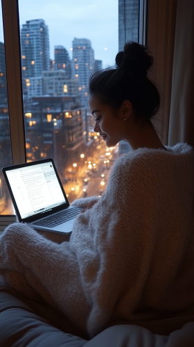 Cozy woman in window seat with laptop