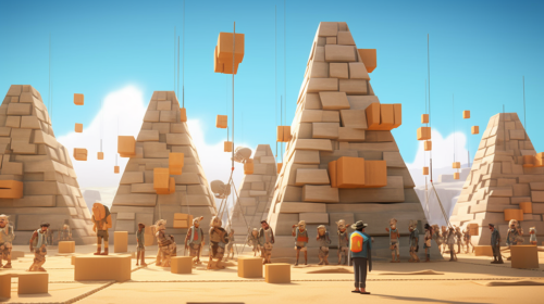 Craftsmen lift stones at pyramid construction site with Anku