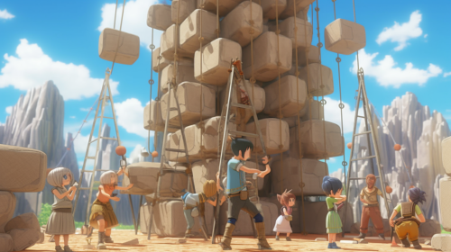 Craftsmen lifting stone blocks at sunny pyramid construction site