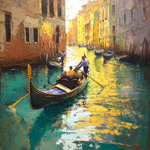 Crayon drawing of gondoliers' reflections in Venice waters.