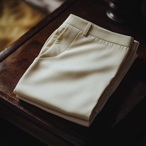 Cream trousers folded on polished wood, soft lit shot.