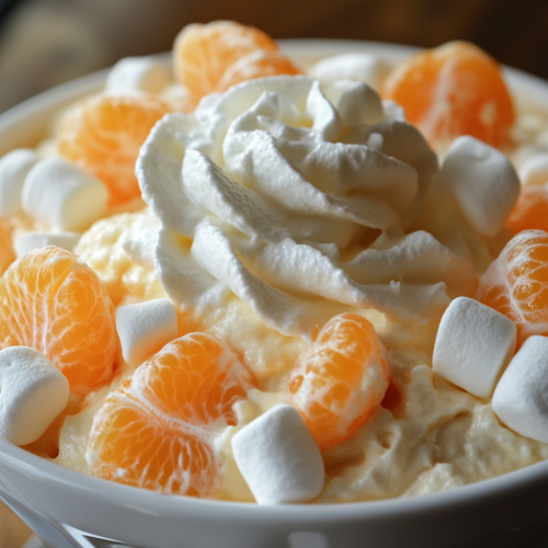 Creamsicle fluff dessert with mandarin oranges and marshmallows