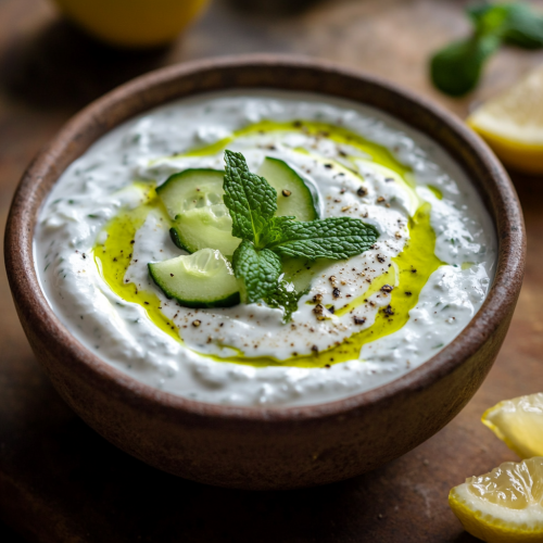 Creamy cucumber yogurt soup in rustic bowl with mint