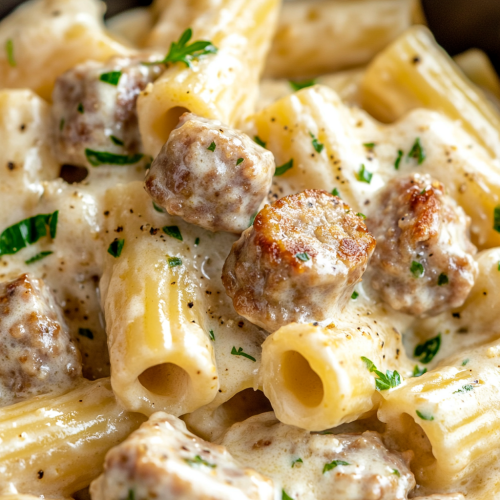 Creamy garlic sausage Alfredo rigatoni pasta dish