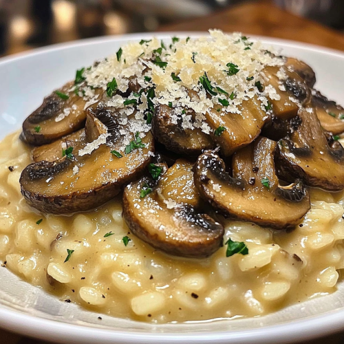 Creamy mushroom risotto topped with parmesan and parsley