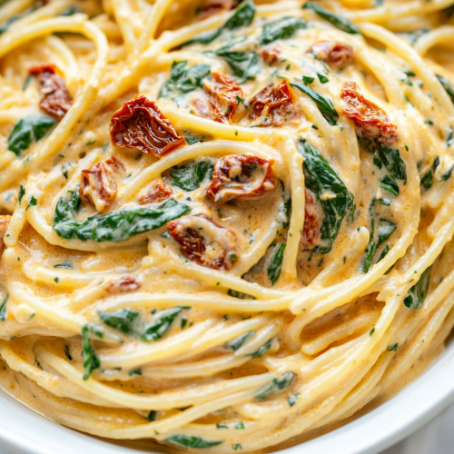 Creamy pasta with sun-dried tomatoes and spinach in bowl