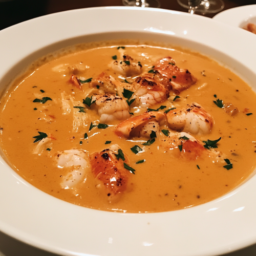 Creamy seafood bisque with crab, shrimp, lobster garnished