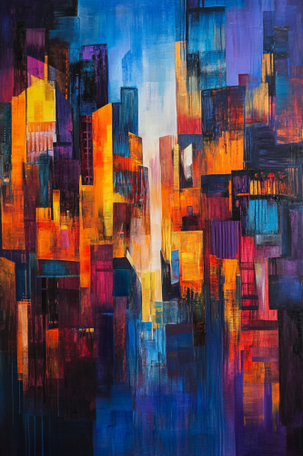 Create abstract canvas of city at dusk: energy, elegance. Create abstract canvas of city at dusk: energy, elegance.