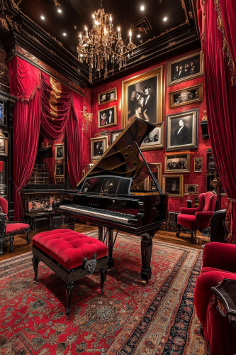Create music room with Phantom’s Opera drama, grand piano.