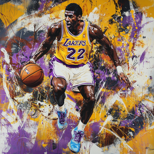 Create vibrant graffiti mural of Magic Johnson.