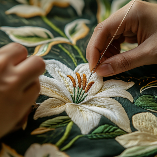 Creating lily flower design on beige silk fabric