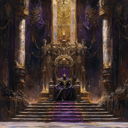 Creature touches sarcophagus, enters ornate throne room with gem-encrusted crown.