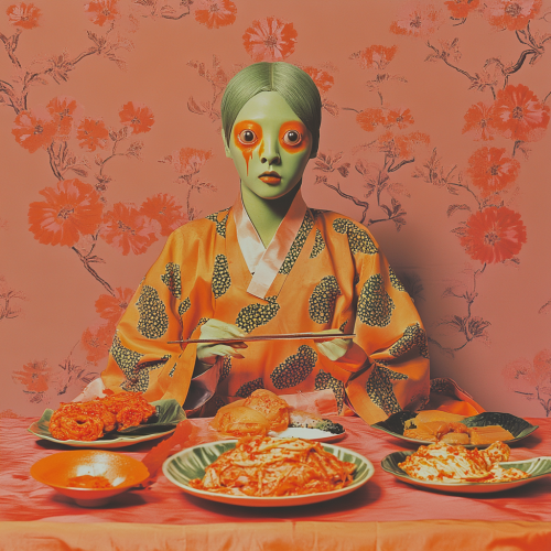 Creepy creature with kimchi and Korean folklore theme