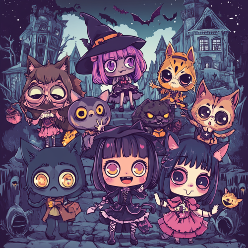 Creepy cute owls cosplaying in Halloween ruins