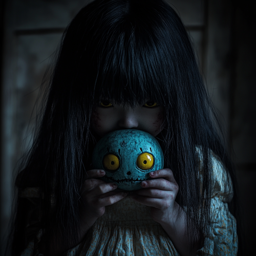 Creepy ghost child with toy in shadows