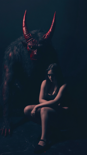 Creepy girl and demon in dark ritual scene