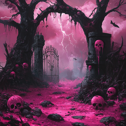 Creepy hot pink forest with skulls and jack-o-lanterns