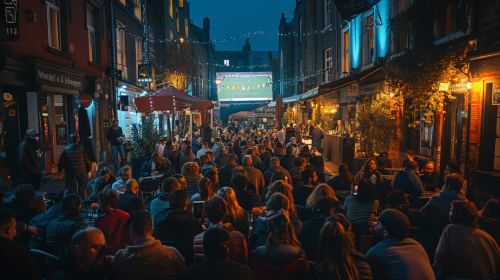 Crowded night street for big screen football watching