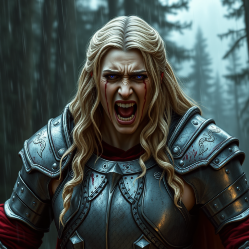 Crying knight with hooked nose in purple armor.