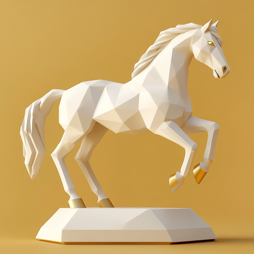 Cubist white horse sculpture with gold accents