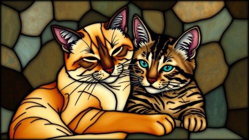 Cuddling Flame Point Siamese and Tabby Cat in Stained Glass