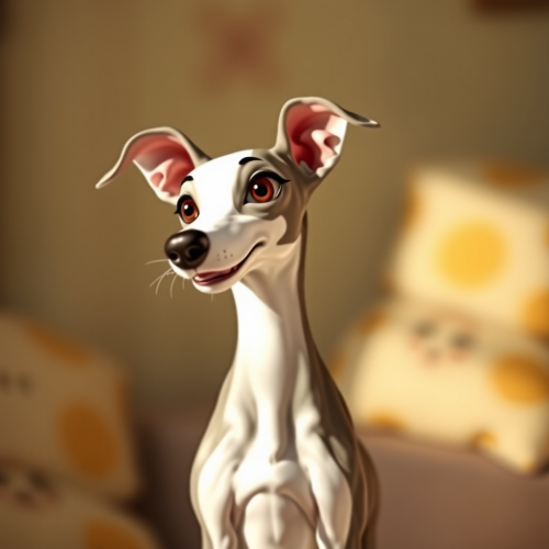 Curious White Italian Greyhound in French Animation Style