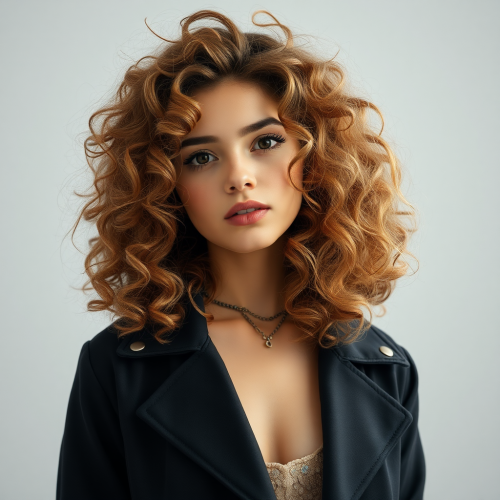 Curly-haired girl poses elegantly in stylish outfit.