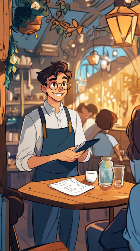 Customer smiling at barista in cozy cafe ambiance.