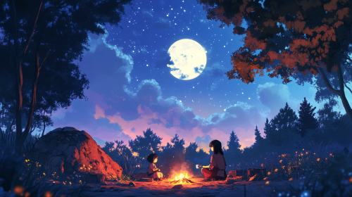 Cute Girl Roasting Marshmallows with Friends Under Moonlit Sky Cute Girl Roasting Marshmallows with Friends Under Moonlit Sky
