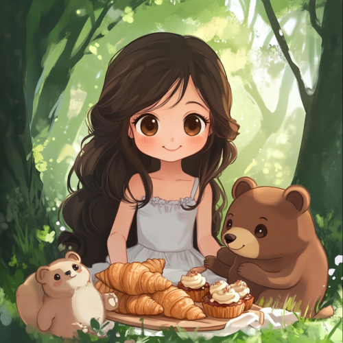 Cute anime girl and bear cub having picnic together.