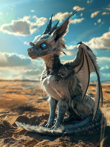 Cute dog-pterodactyl mix with wings in sunny landscape