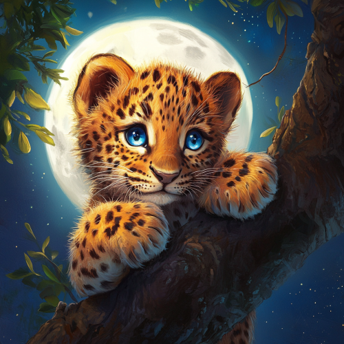 Cute fluffy leopard cub with blue eyes on tree Cute fluffy leopard cub with blue eyes on tree