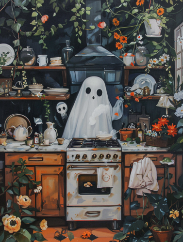 Cute ghost cooking in dark academic kitchen, oil painting.