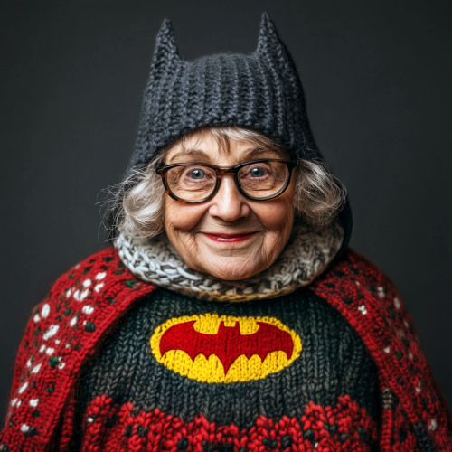 Cute grandma in Batman cape smiles brightly